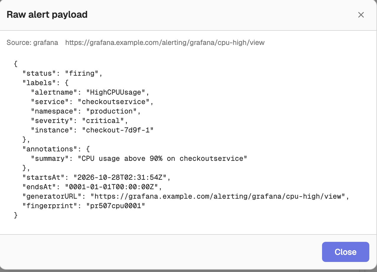 Raw alert payload dialog showing the original webhook JSON