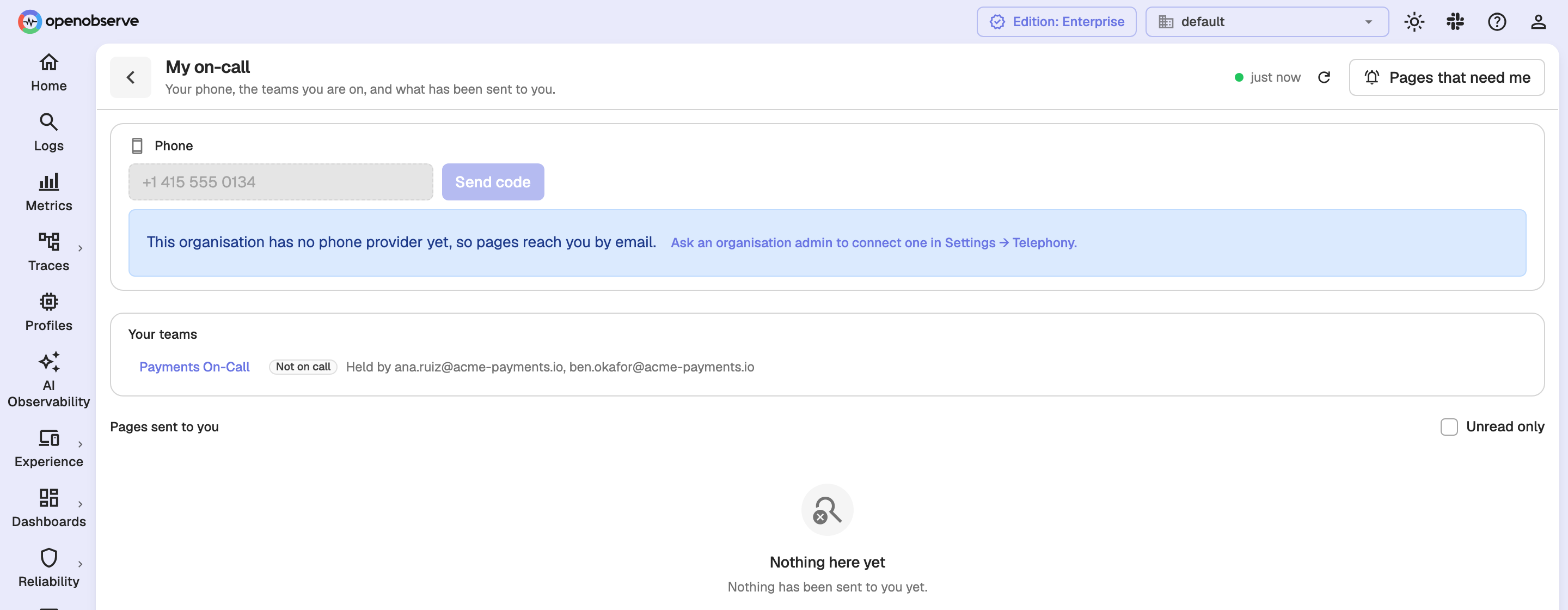 My on-call page with the Phone card, Send code button, and the no phone provider notice
