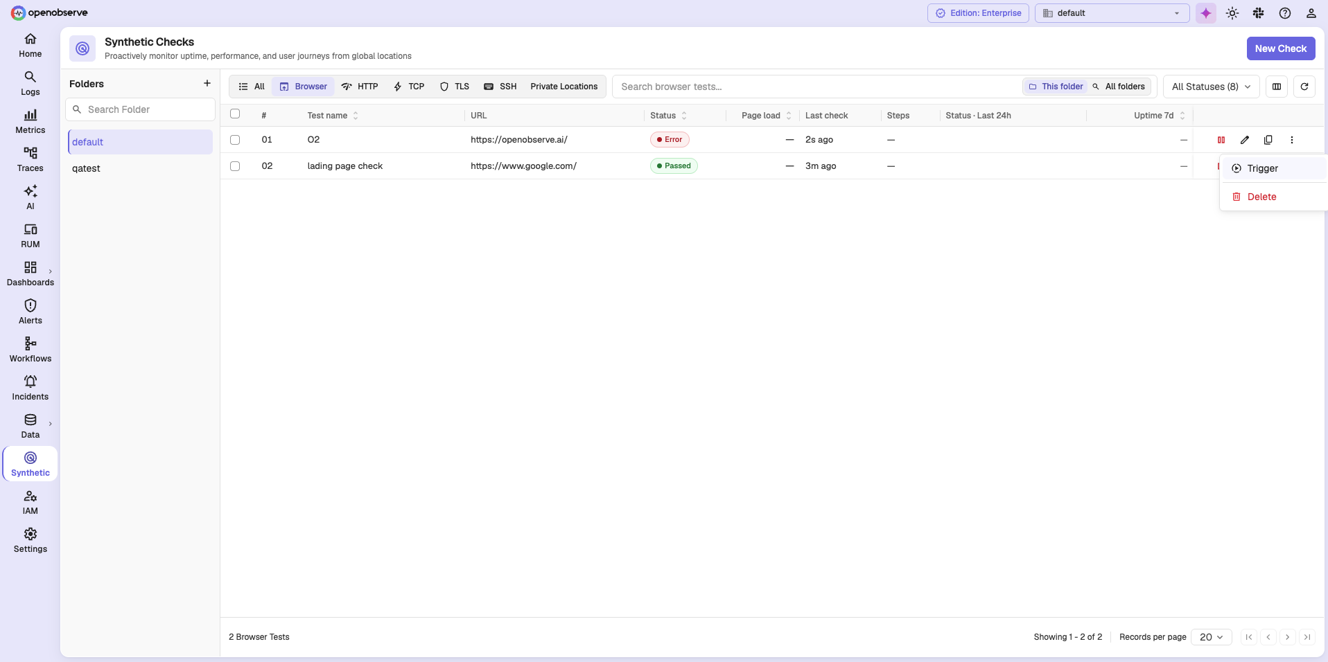 Browser tab of the checks list with browser-specific columns