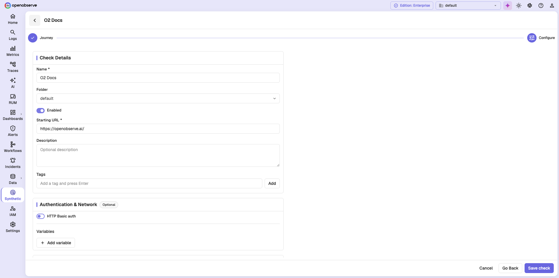 Check Details and Authentication and Network sections of the configure stage