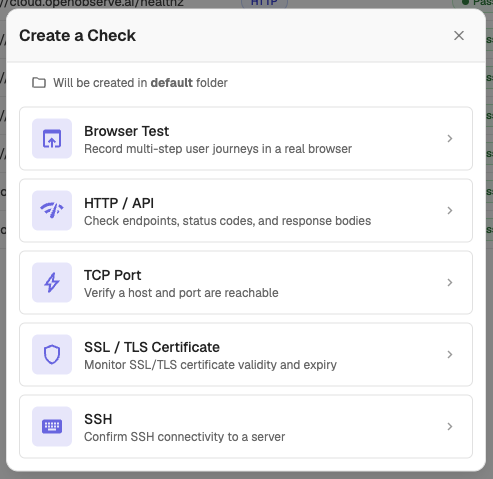 Create a Check dialog listing Browser Test and the other check types