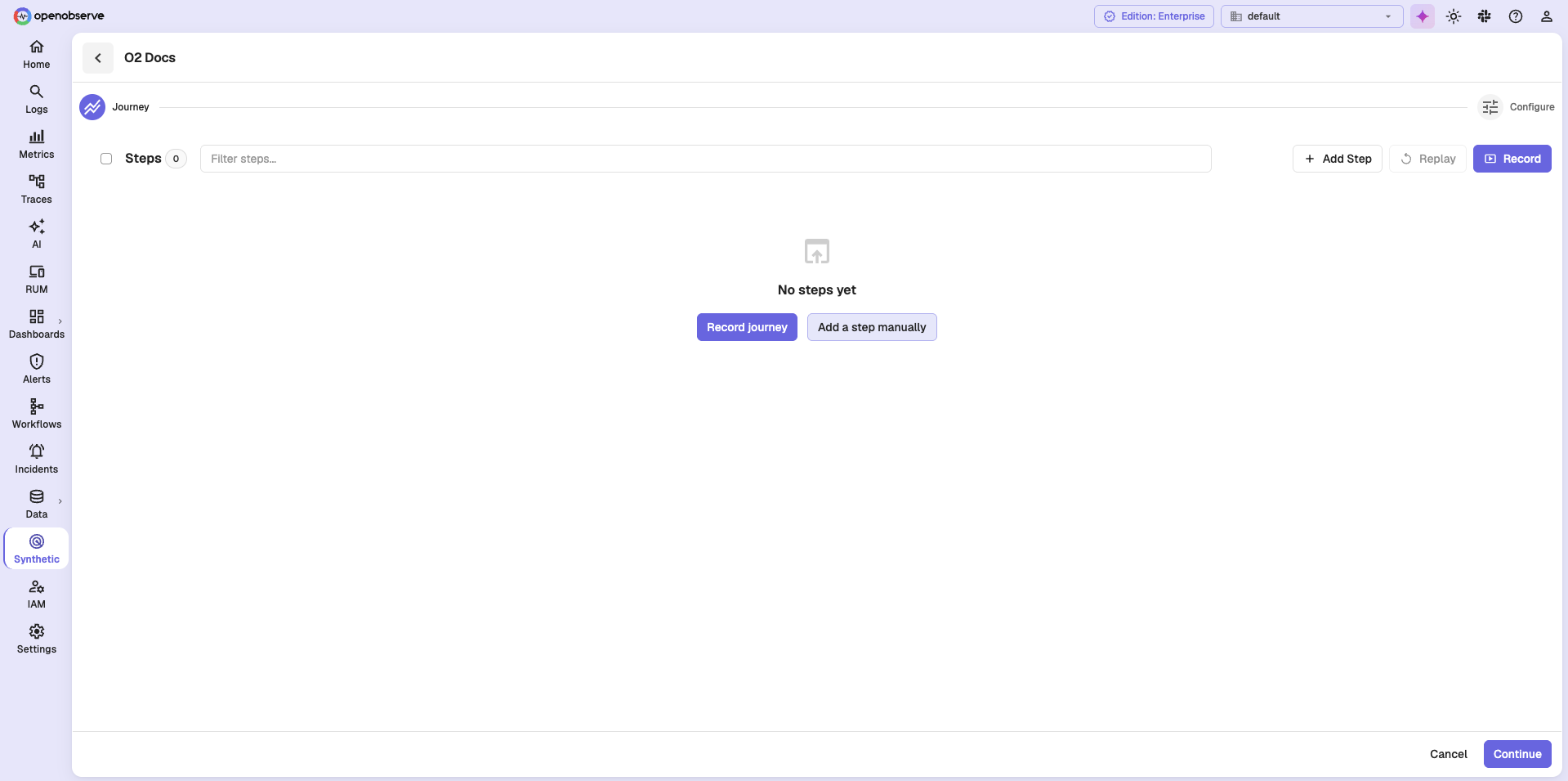 Empty journey with the Record journey and Add a step manually buttons