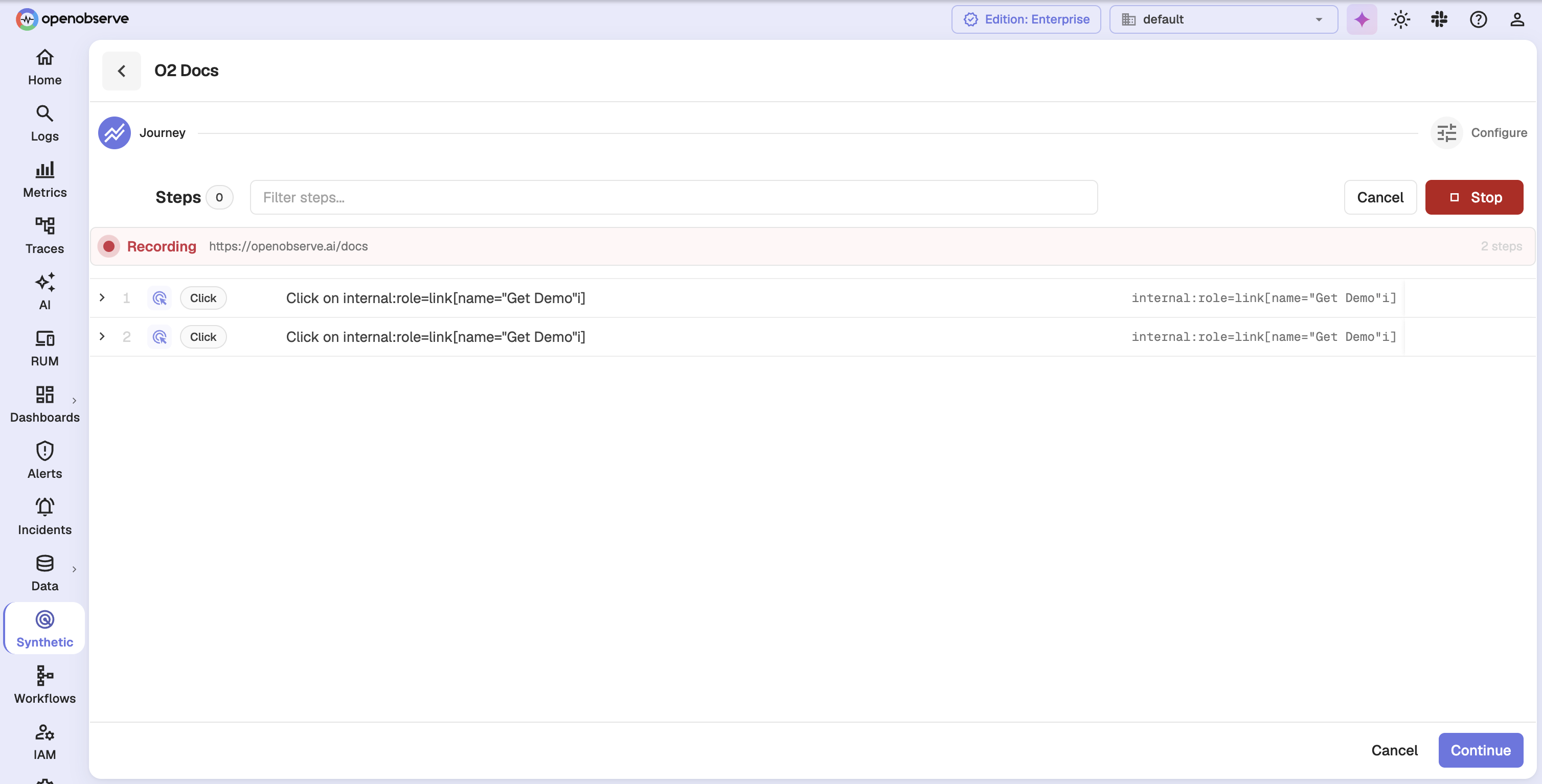 Journey editor recording live, with steps appearing and a Stop button