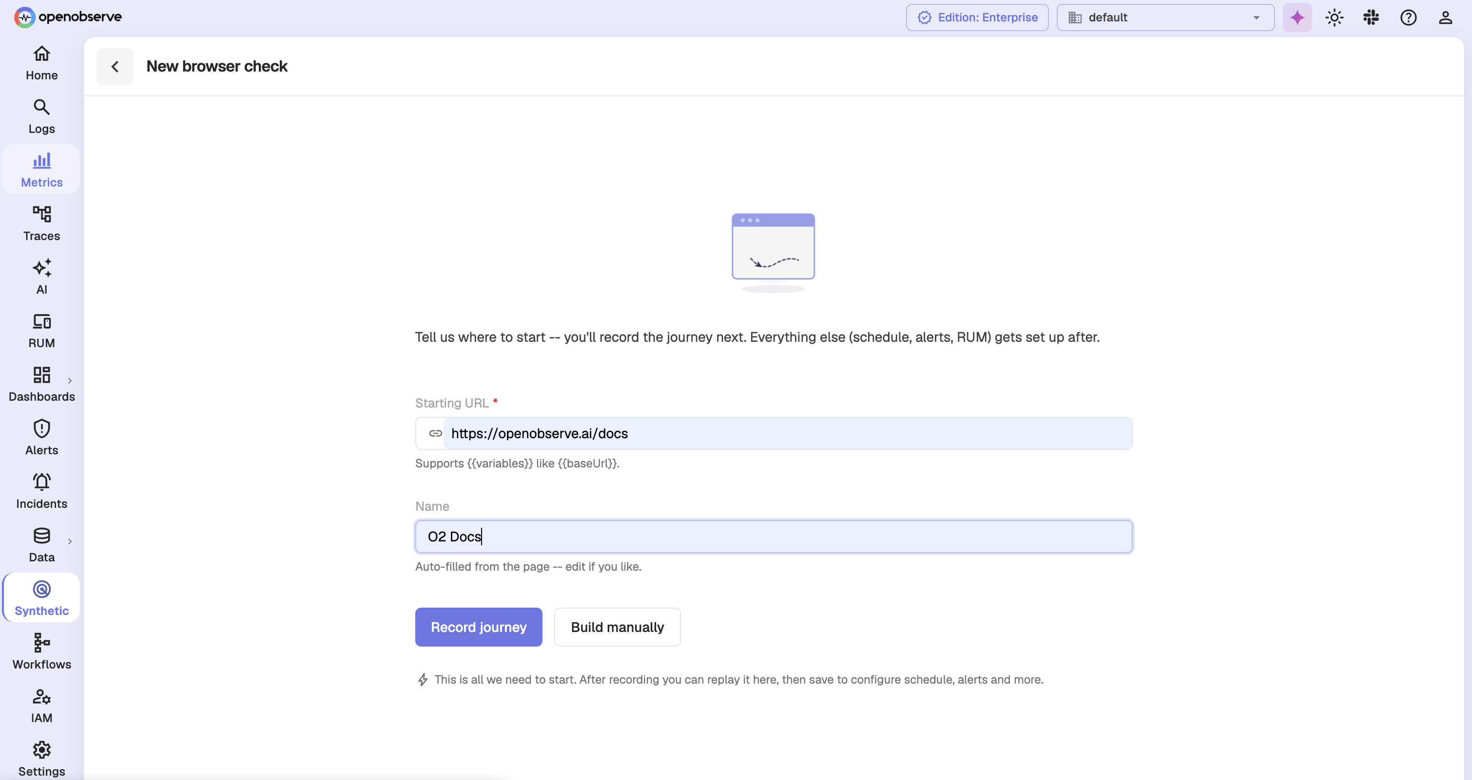 New browser check screen with the Starting URL and Name fields