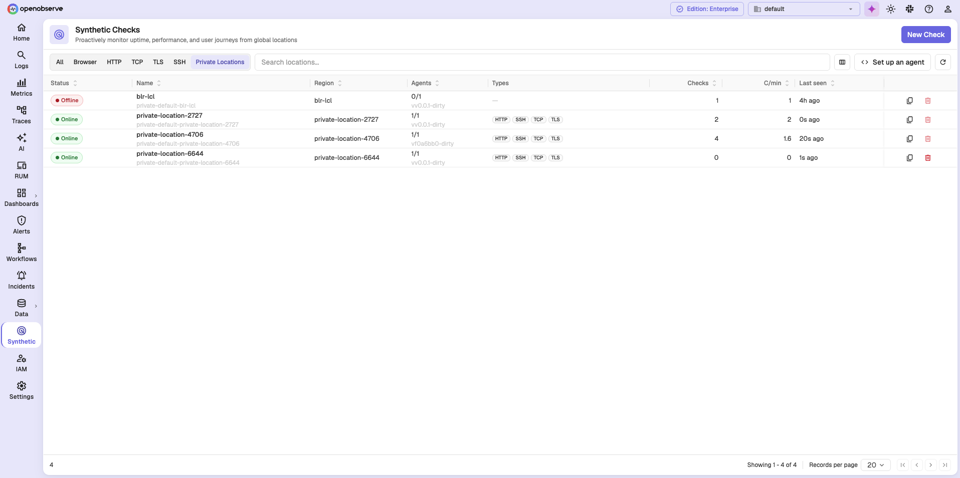 Private Locations tab listing locations with their agent count, types, and last seen time