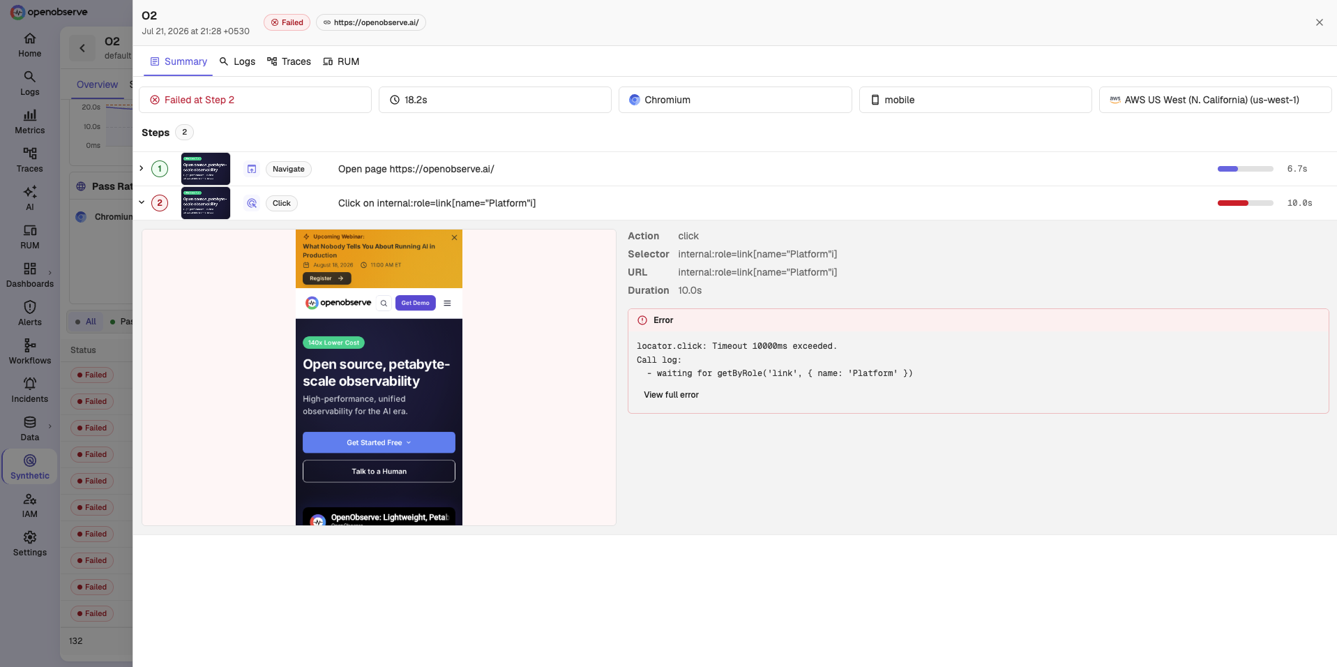 Run detail showing the failing step, its screenshot, and the error message