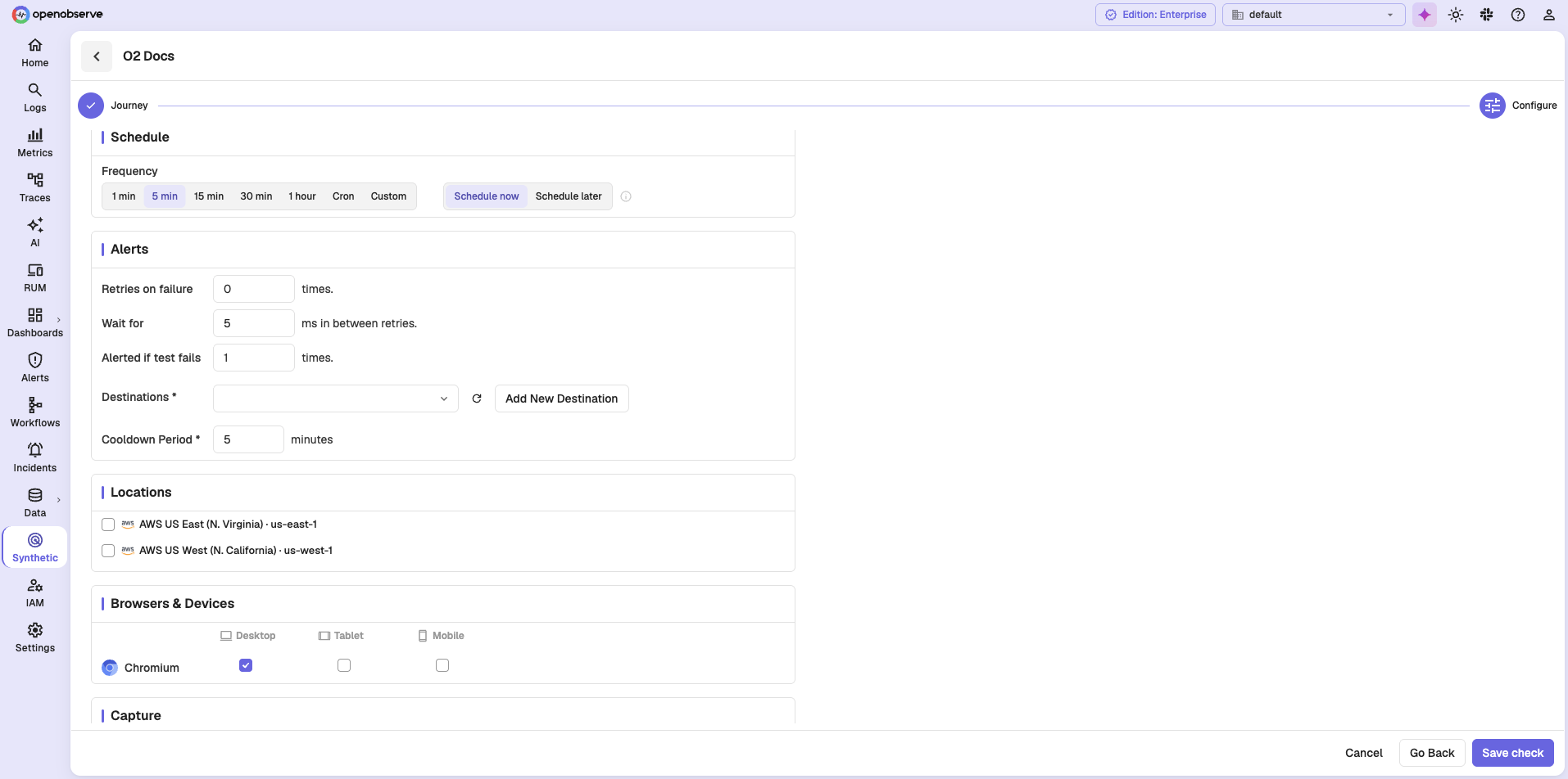 Schedule, Alerts, Locations, and Browsers and Devices sections
