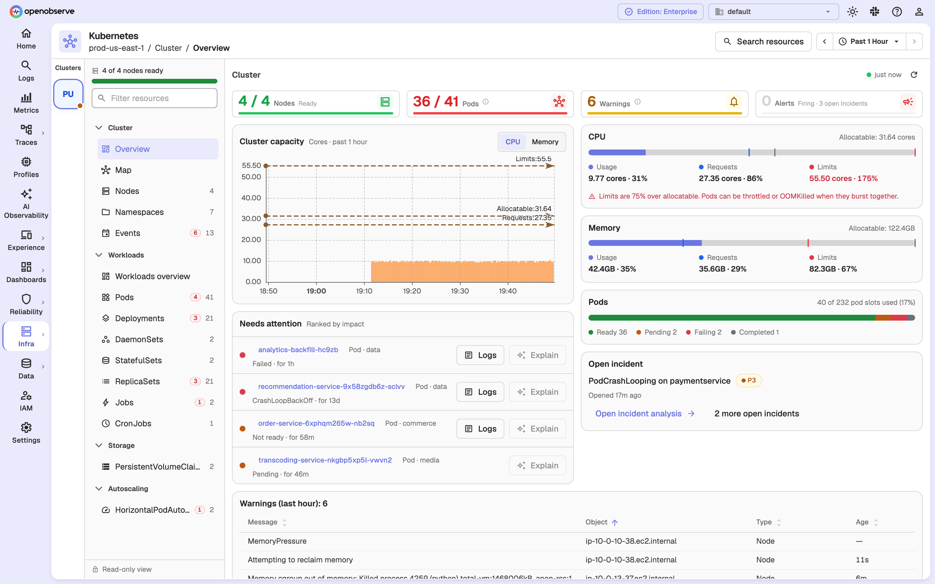 Kubernetes cluster overview with KPI tiles, cluster capacity chart and the Needs attention list