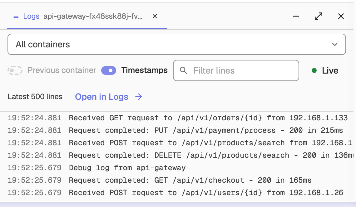 Logs tab in the bottom dock showing the latest lines for a pod, with container picker, line filter and Live tail