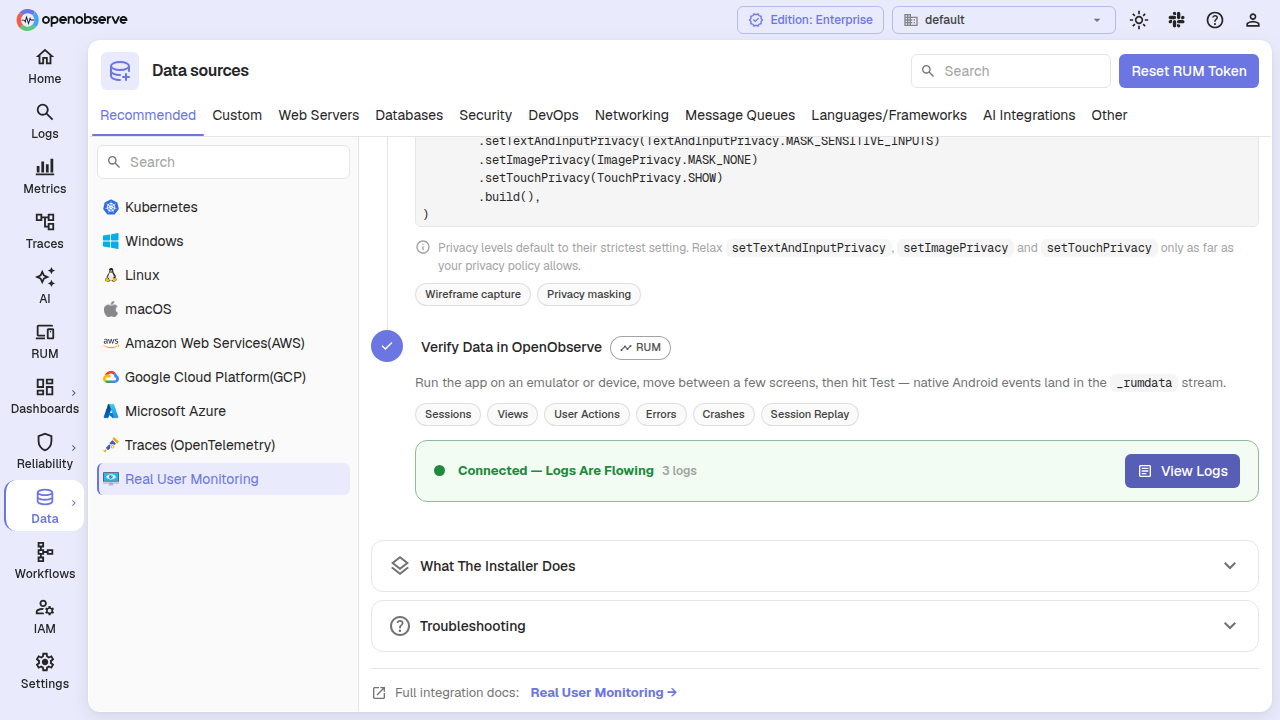 verified RUM setup with green checkmark and detected data