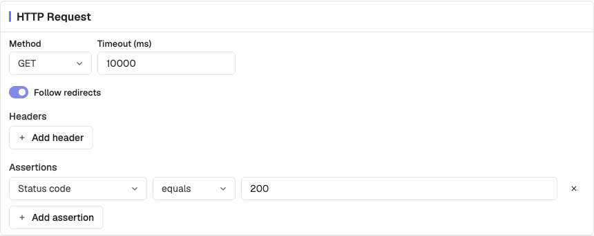 HTTP Request card with method, timeout, follow redirects, headers, and a status code assertion