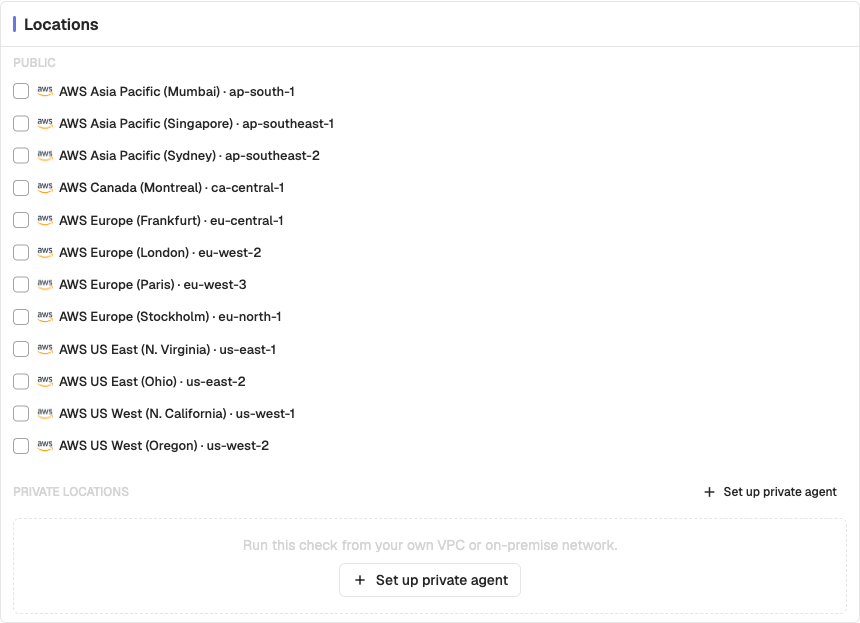 Locations card listing twelve public AWS regions and the private locations section