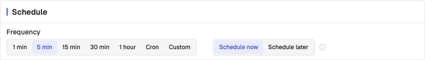 Schedule card with frequency presets and start type toggle