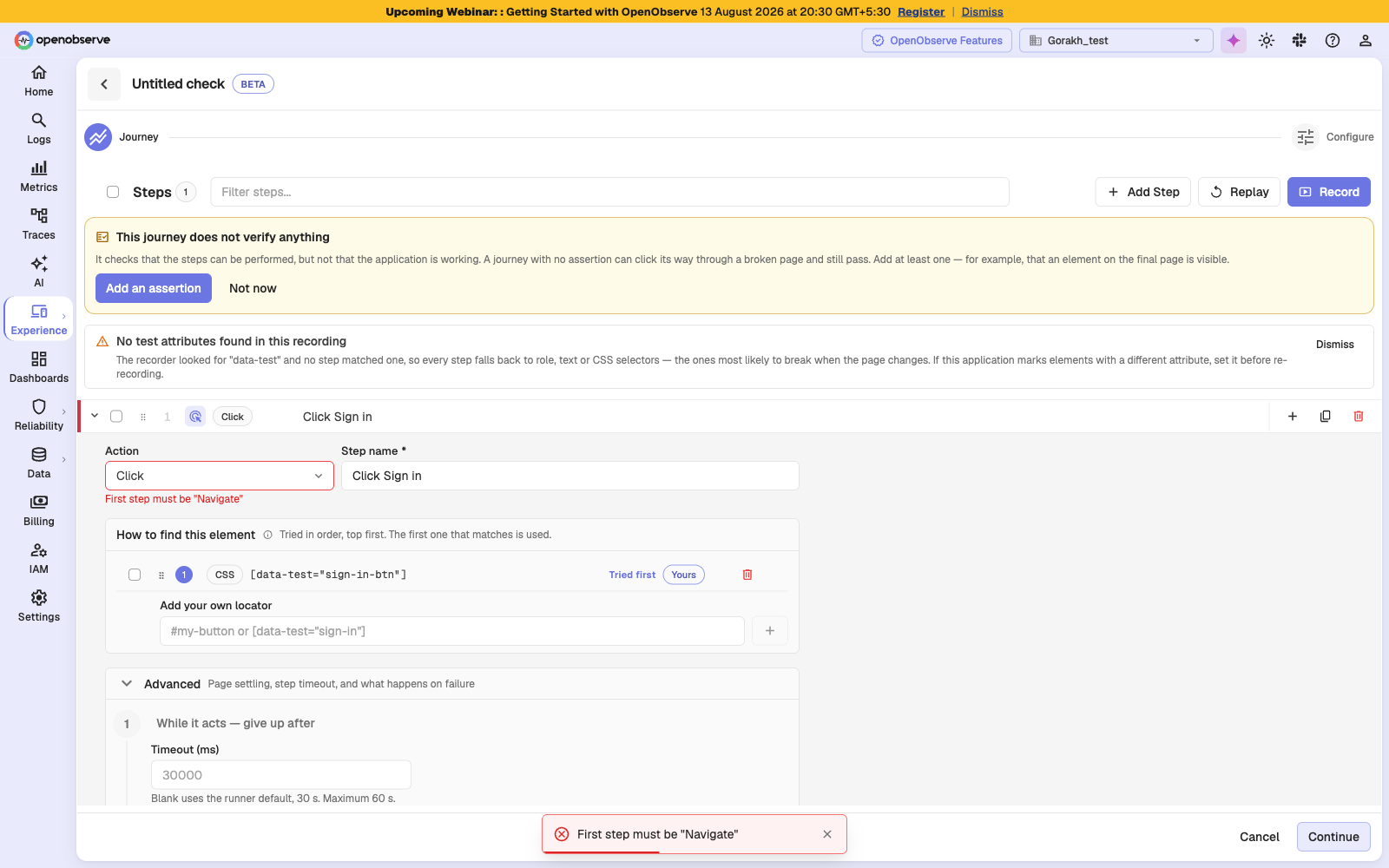 Journey showing the First step must be Navigate validation error