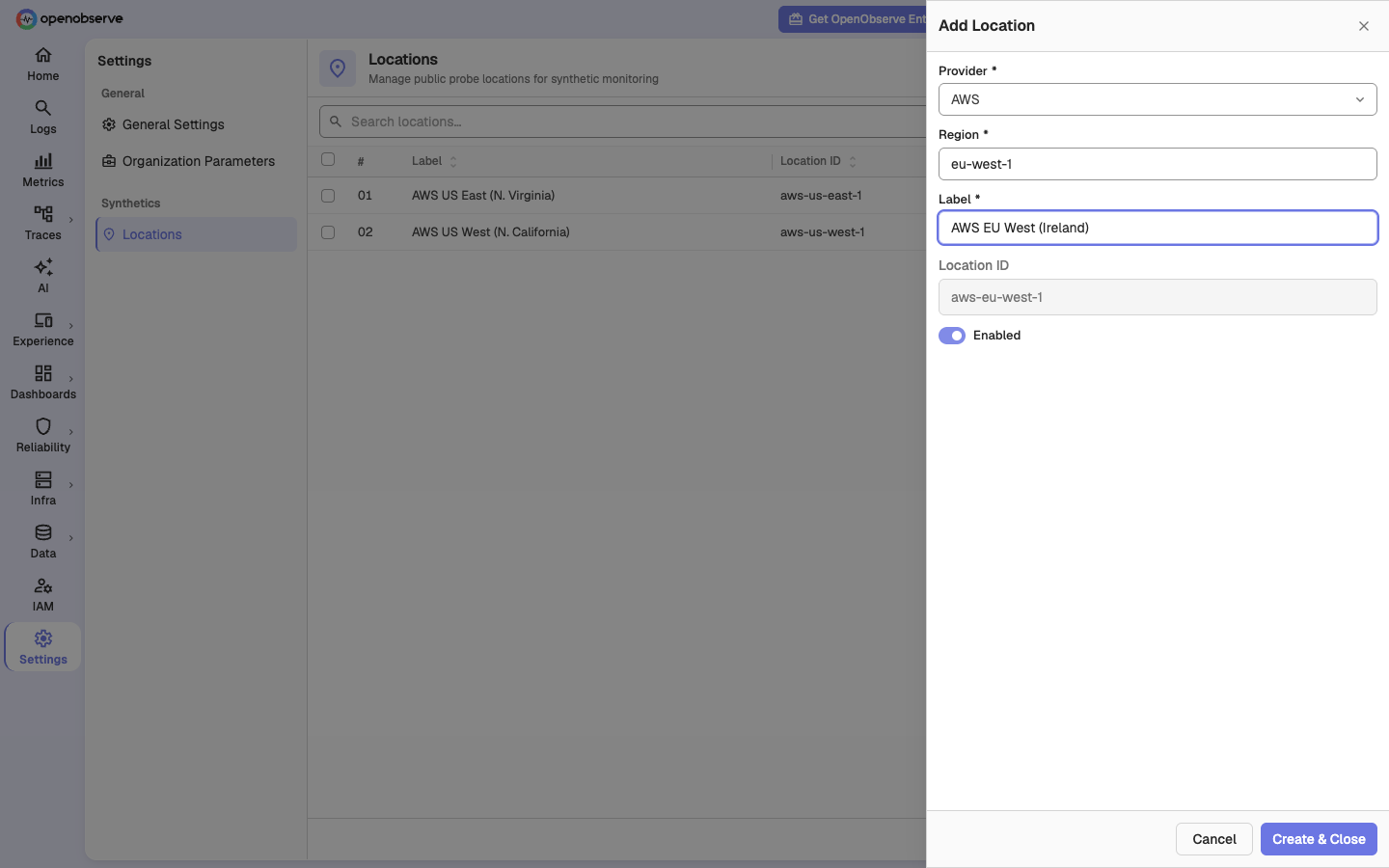Add Location drawer with AWS as the provider, region eu-west-1, and the derived location ID aws-eu-west-1
