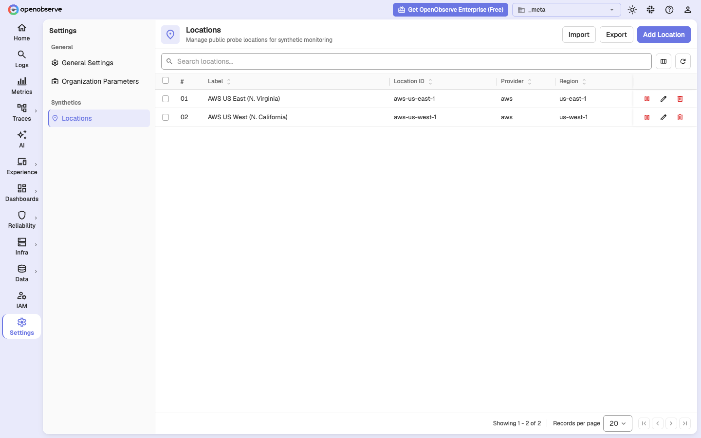 Locations settings page listing registered public locations with Import, Export, and Add Location actions