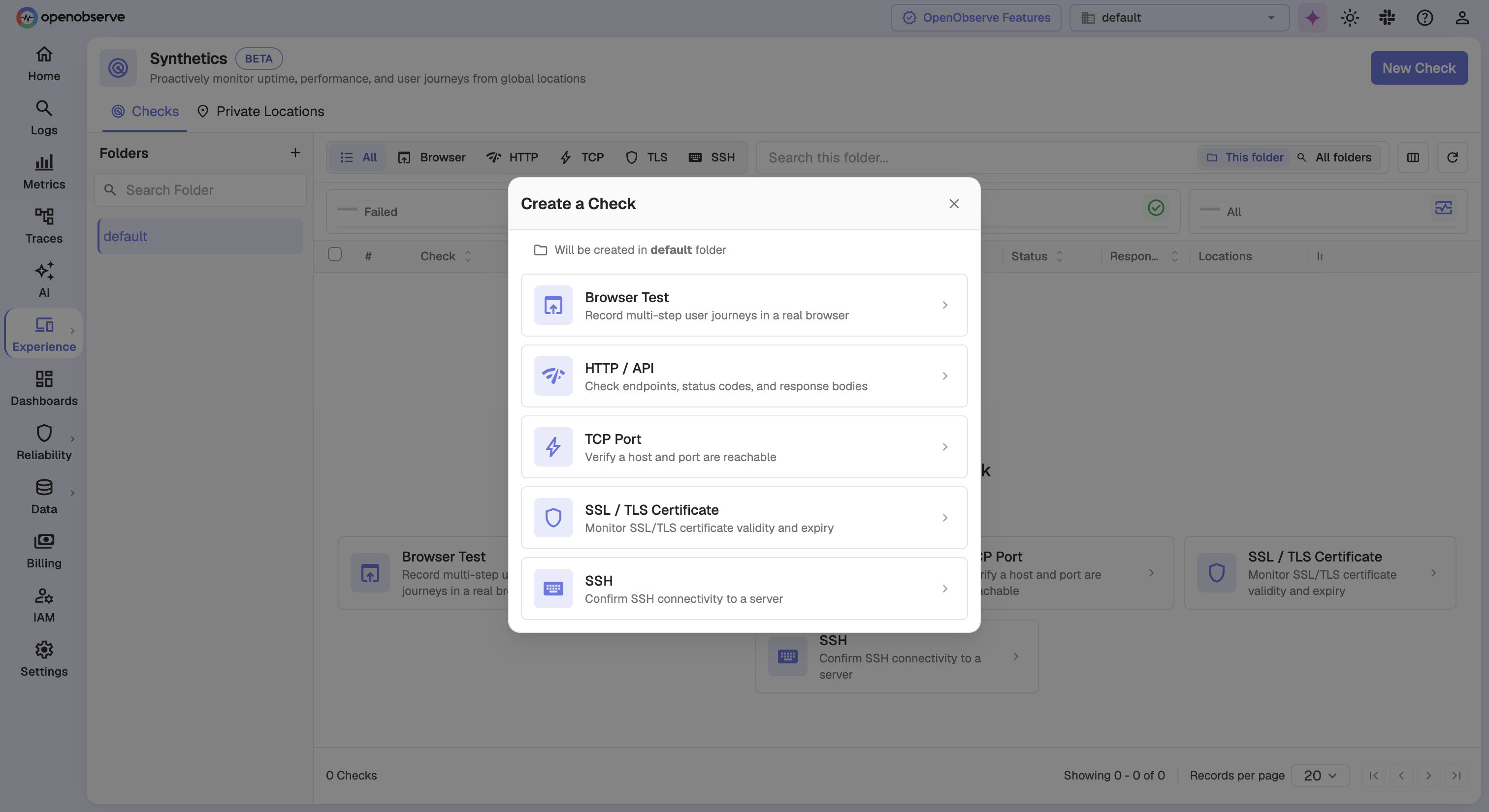Create a Check dialog showing Browser Test, HTTP / API, TCP Port, SSL / TLS Certificate, and SSH options