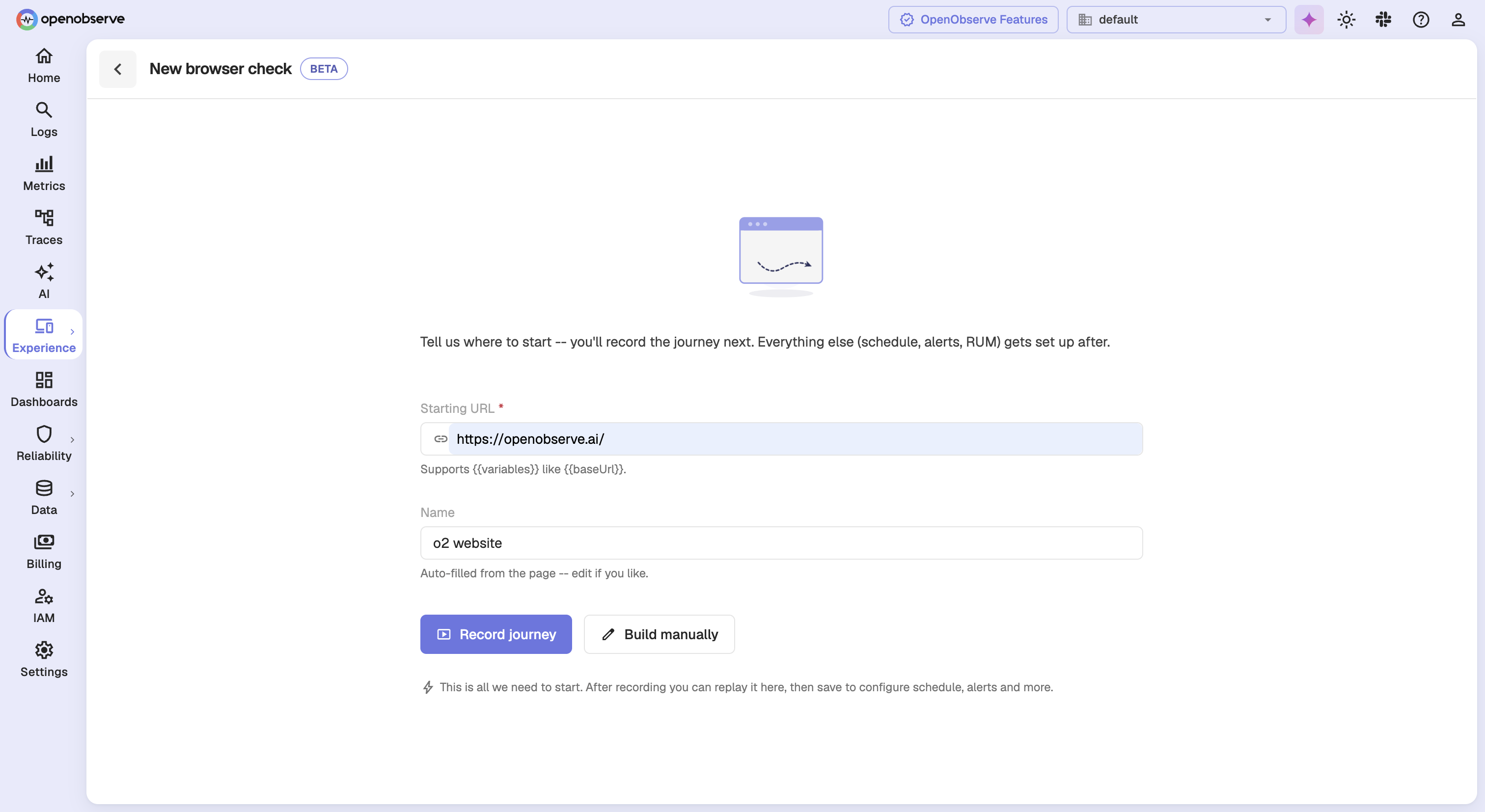 Browser check gate with Starting URL and Name fields, and Record journey and Build manually buttons