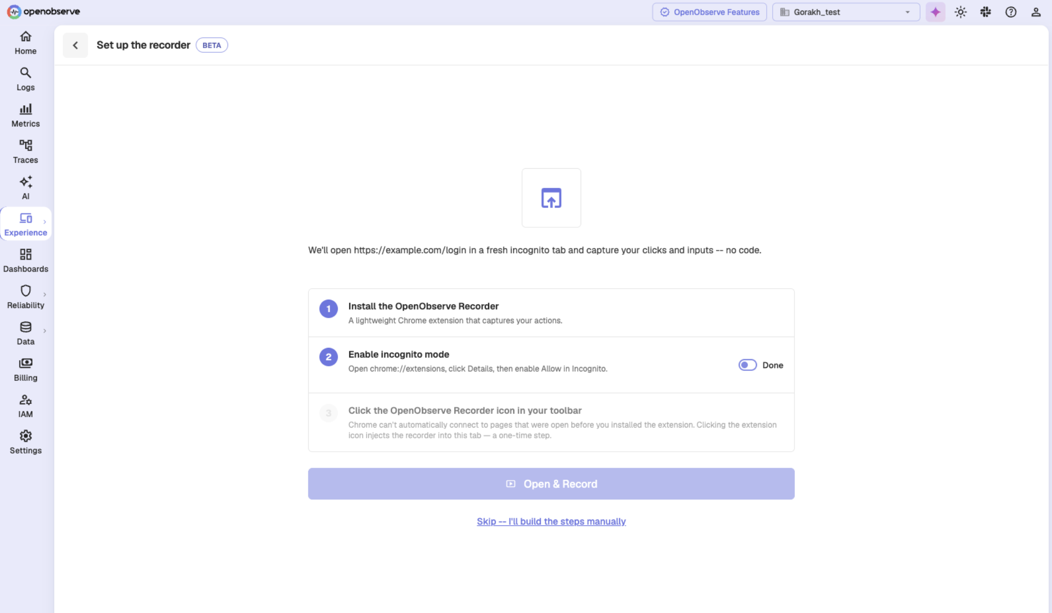 Recorder setup screen with three numbered steps and an Open and Record button