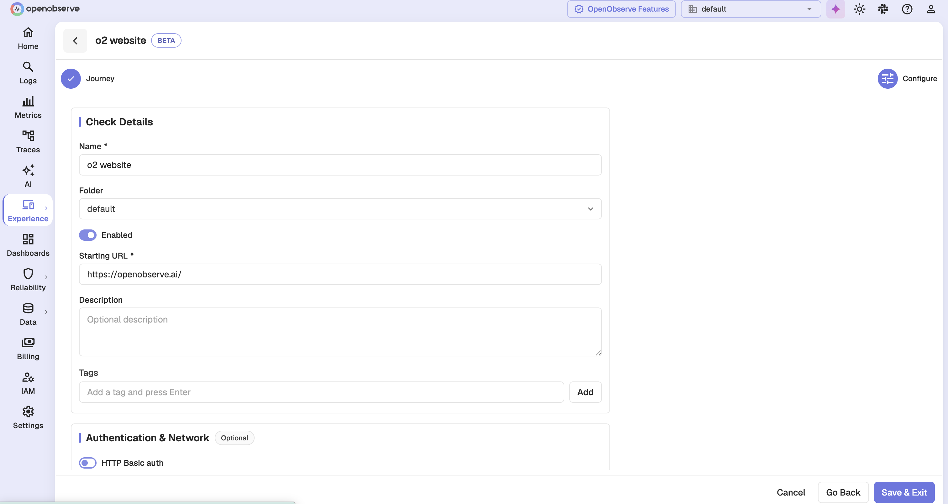 Configure step showing the Check Details and Authentication and Network cards