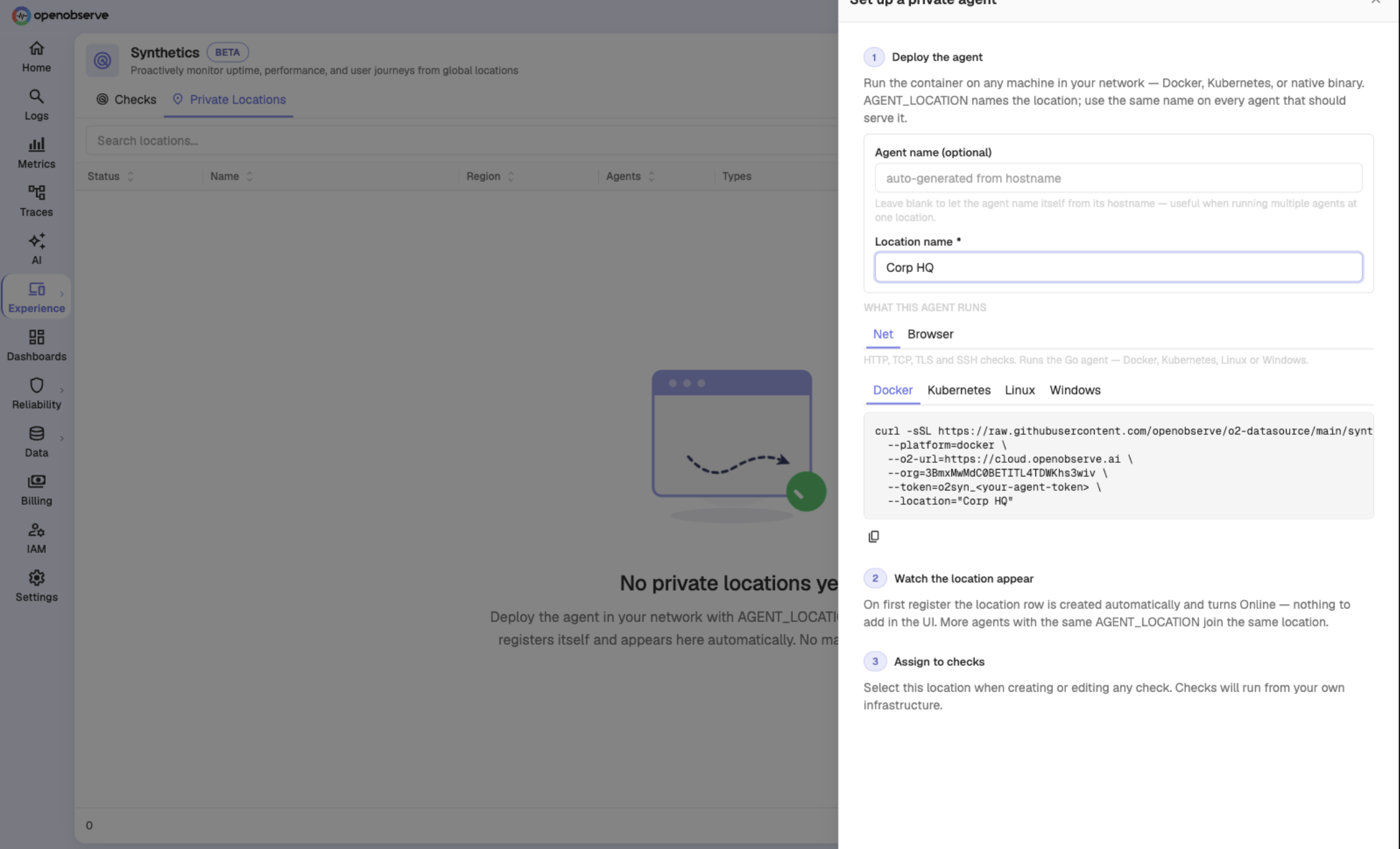 Set up a private agent drawer with location name, agent type tabs, platform tabs, and the generated install command
