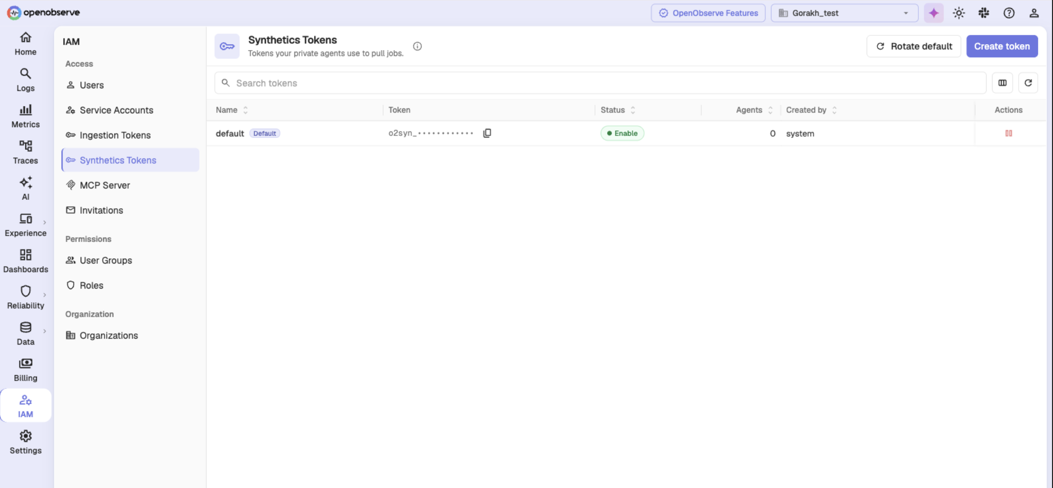 Synthetics Tokens page under IAM showing the default token with its status, agent count, and actions