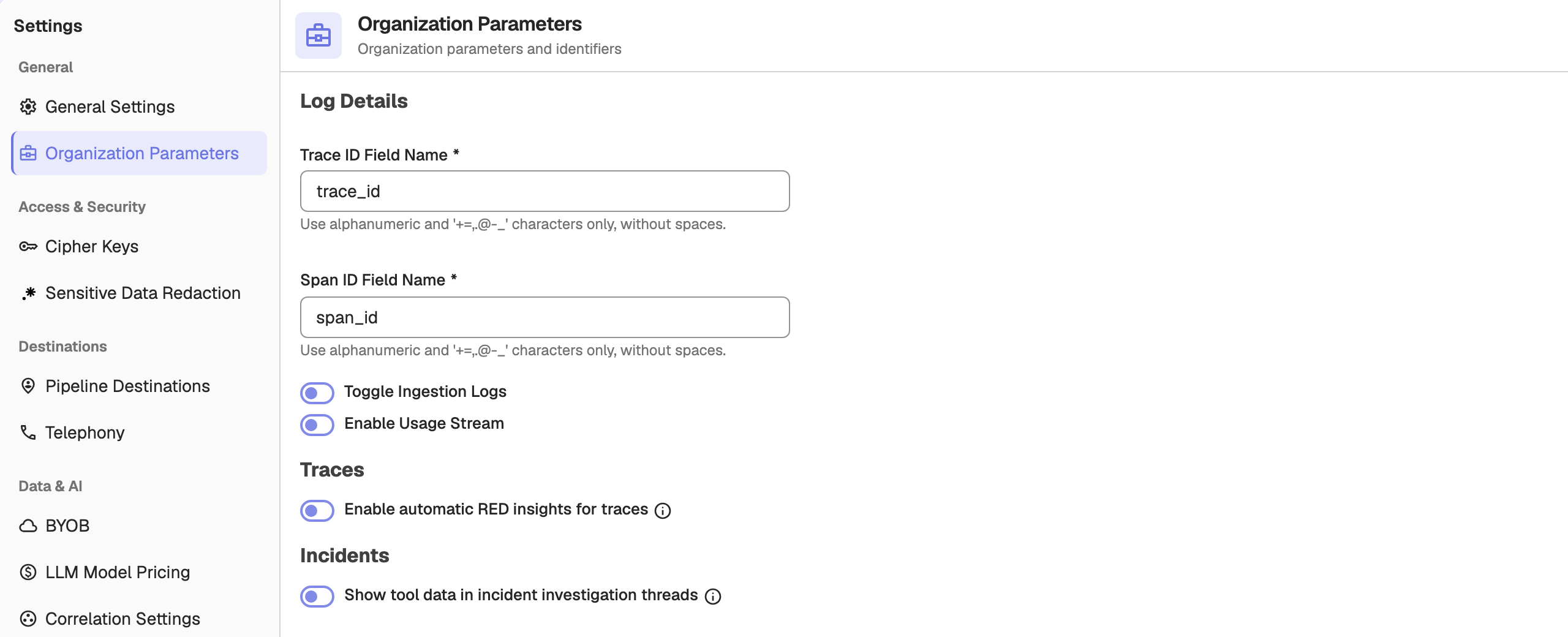 Organization Parameters page with the Enable automatic RED insights for traces switch under the Traces heading