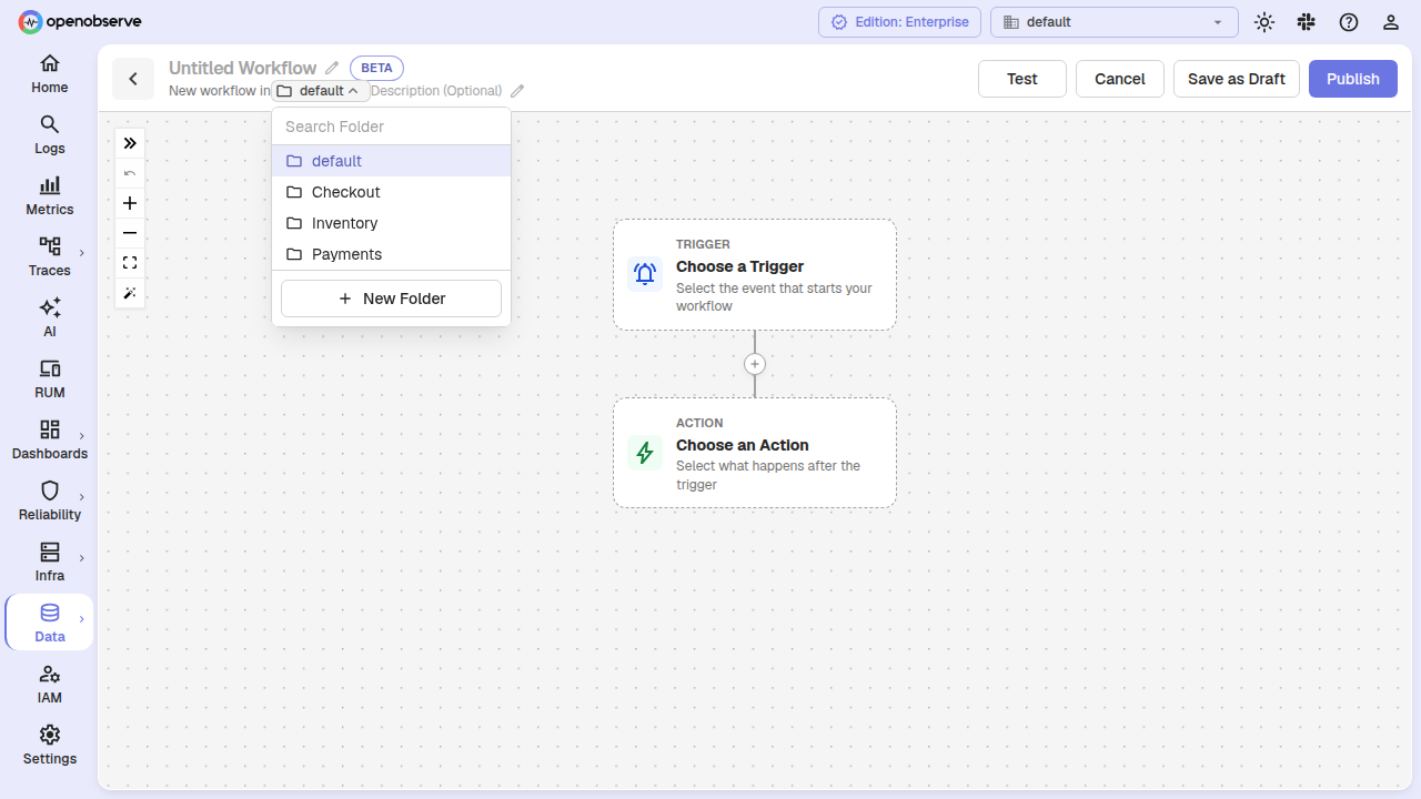 the workflow editor header with the folder selector open
