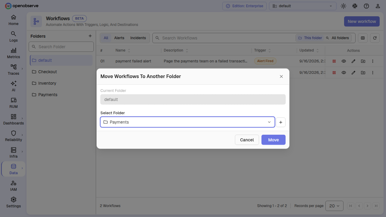 the Move Workflows To Another Folder dialog