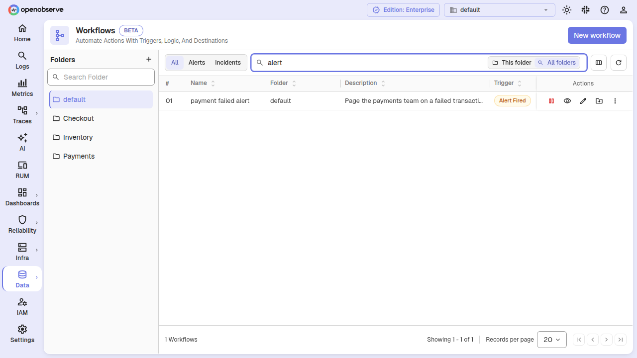 the Workflows toolbar searching All folders, with the Folder column shown