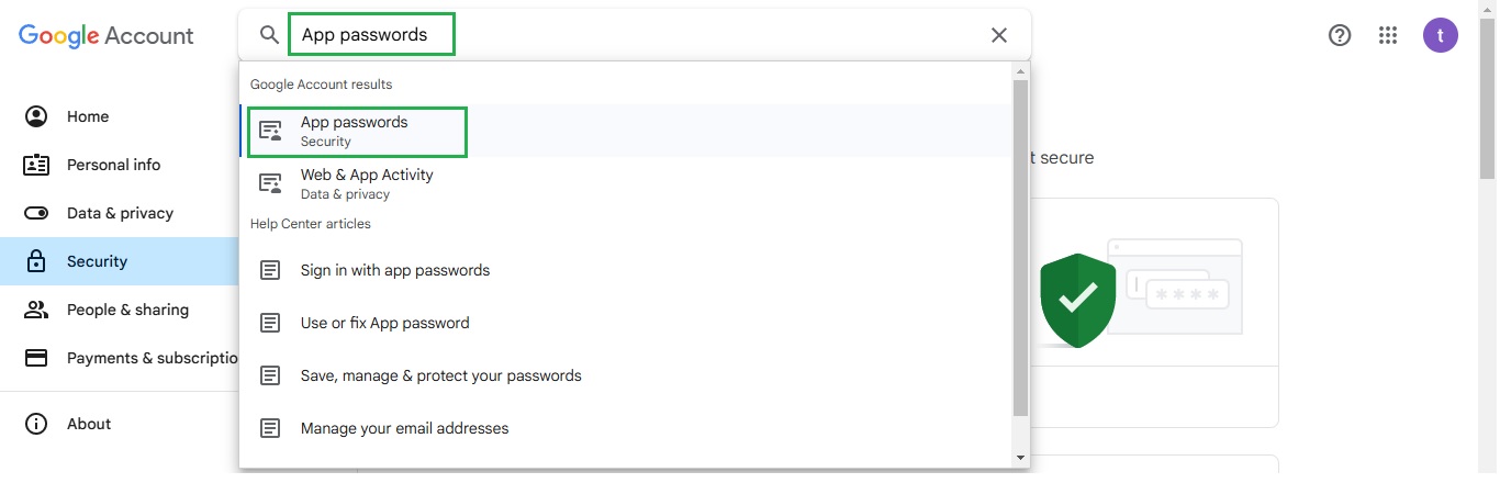 App password setup in Gmail.