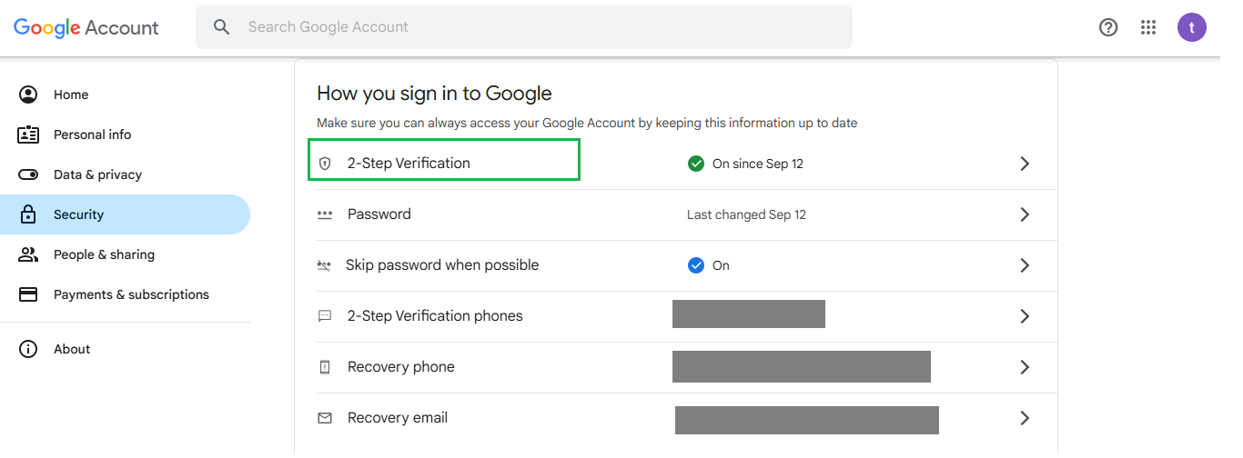 Google account security settings page