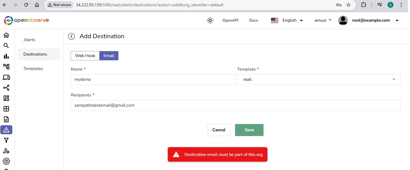 Adding email alert destination in OpenObserve