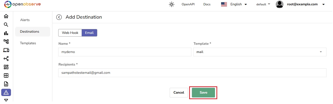 Saved email destination in OpenObserve