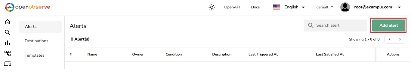 Creating a new alert in OpenObserve.