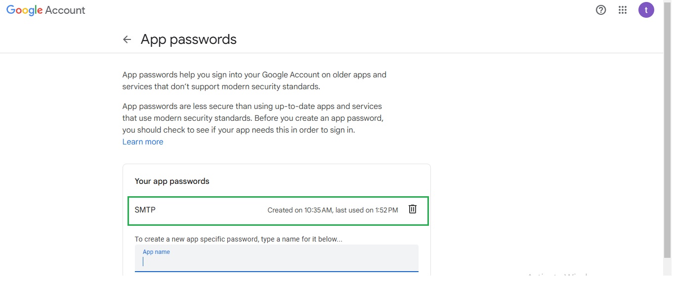 Display of generated Gmail app password.