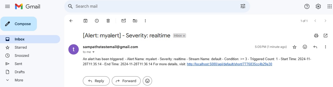 Gmail email preview for OpenObserve alerts