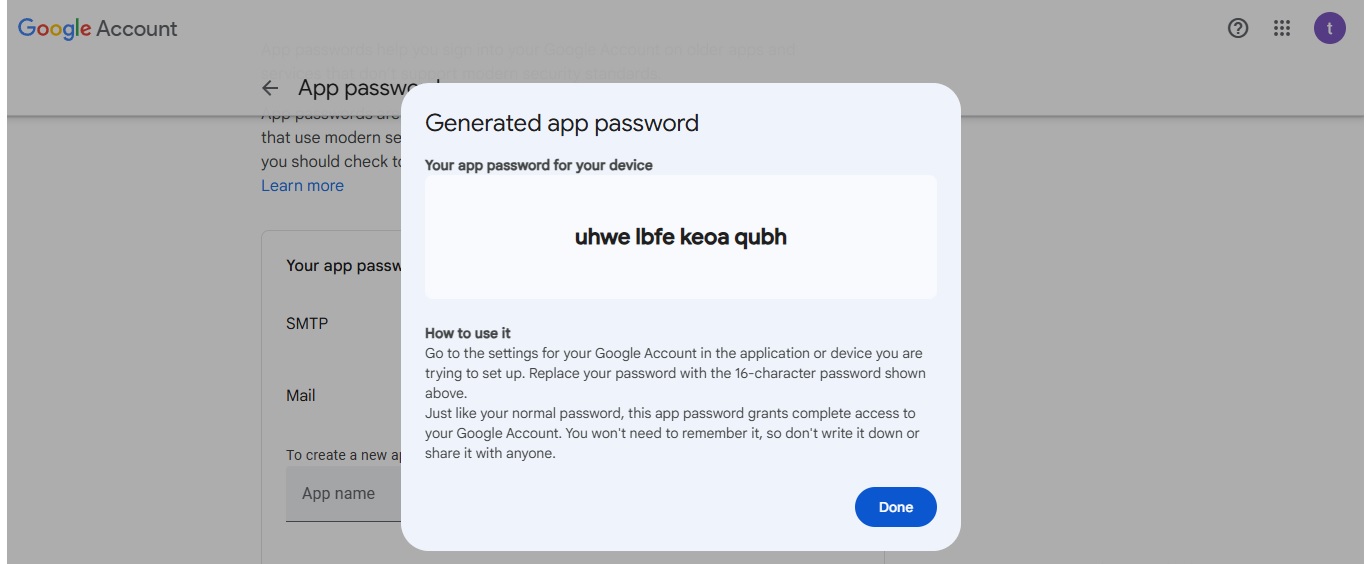 Display of generated Gmail app password1