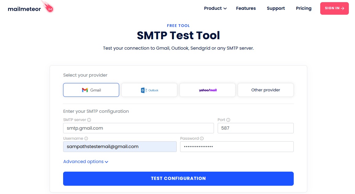 SMTP test tool input form for Gmail settings