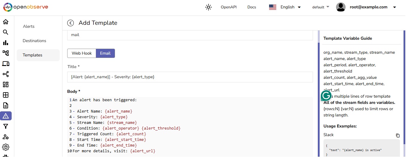 Configuring email template fields in OpenObserve.