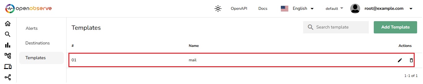 List of saved email templates in OpenObserve.