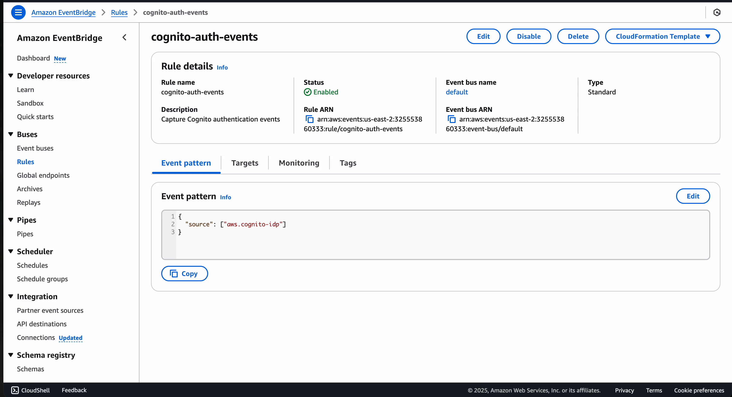 GIF demonstrating the creation of an EventBridge rule named 'cognito-auth-events,' showcasing the configuration of event patterns to capture AWS Cognito authentication events and setting the target as the Firehose stream.