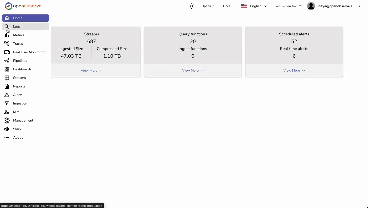 GIF showcasing logs flowing into OpenObserve after being ingested and processed, highlighting key statistics and analytics capabilities.