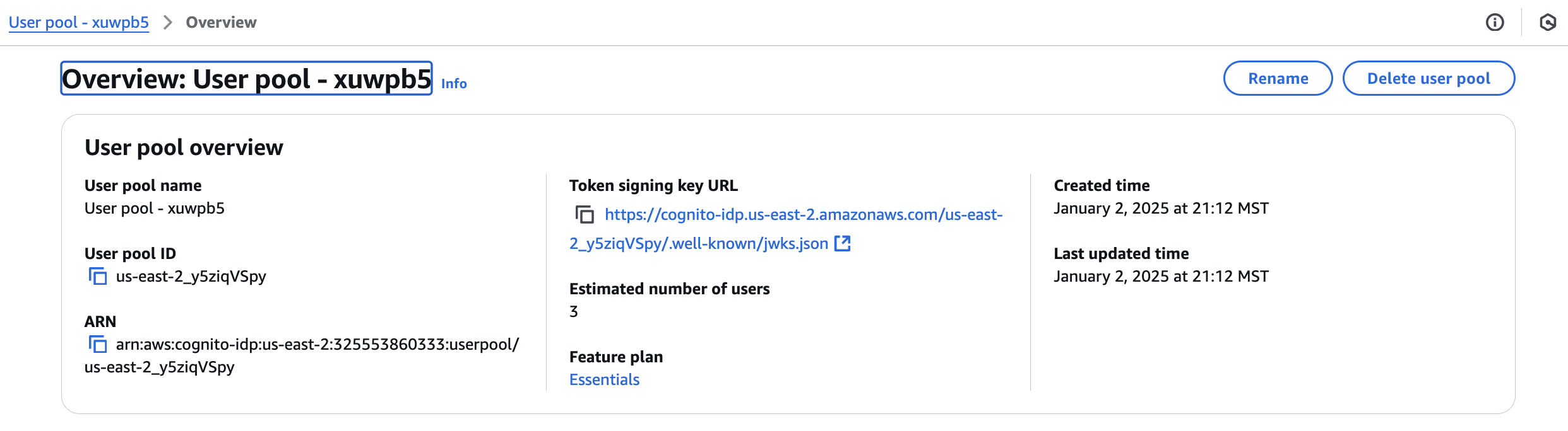 Screenshot of the AWS Cognito console showing the details of a user pool, including the user pool name, ID, ARN, and settings for login configuration and branding.