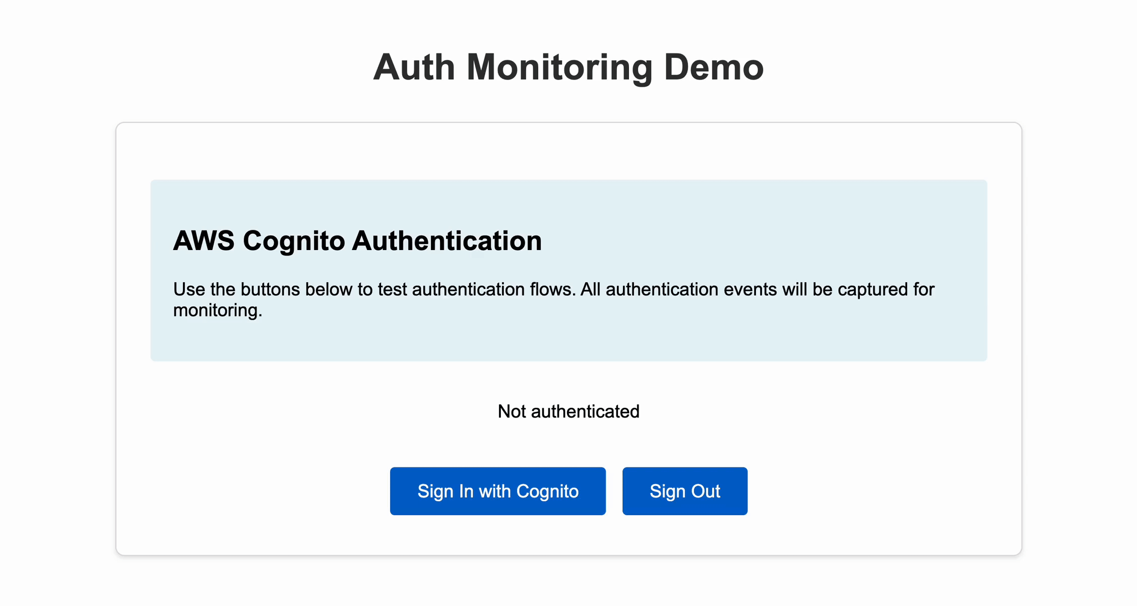 GIF showing the workflow of signing in with AWS Cognito, redirecting to the Cognito Hosted UI, and returning to the local demo application page after successful authentication.