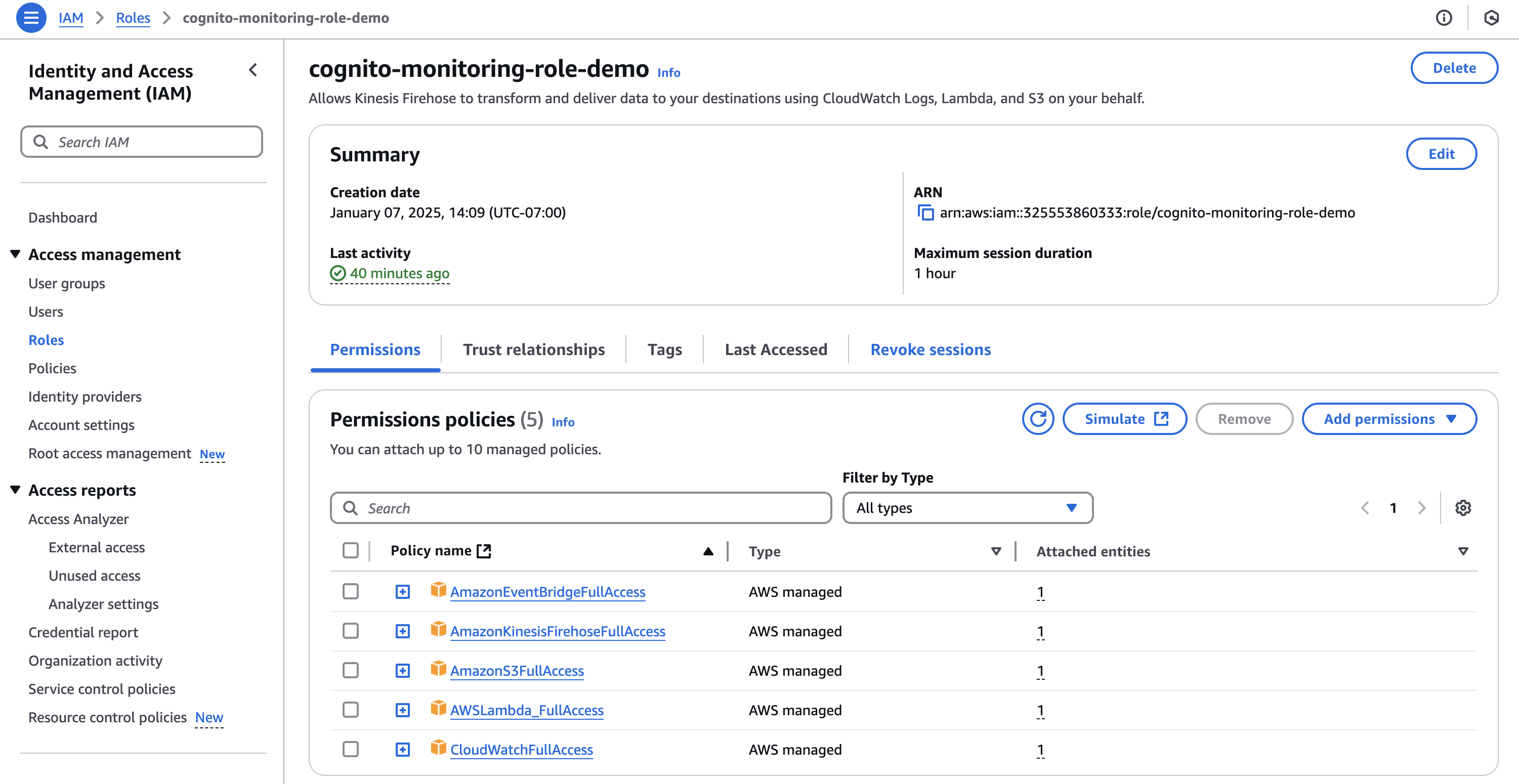 Screenshot of the AWS IAM console detailing the 'cognito-monitoring-role-demo' role with attached managed policies for EventBridge, Firehose, S3, Lambda, and CloudWatch access.