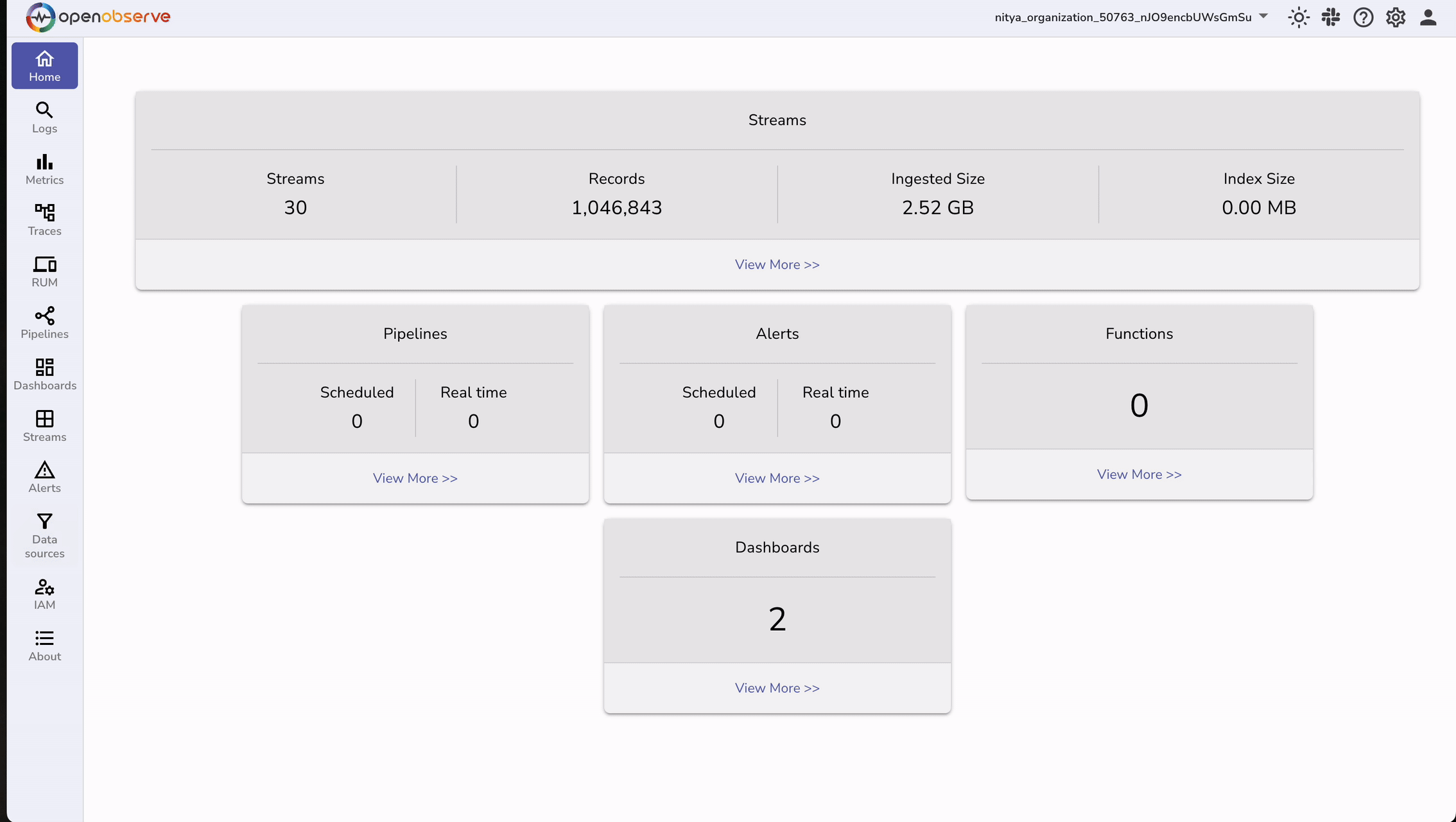 GIF demonstrating the OpenObserve dashboard, highlighting steps to retrieve authentication details for integrating with AWS Kinesis Firehose.