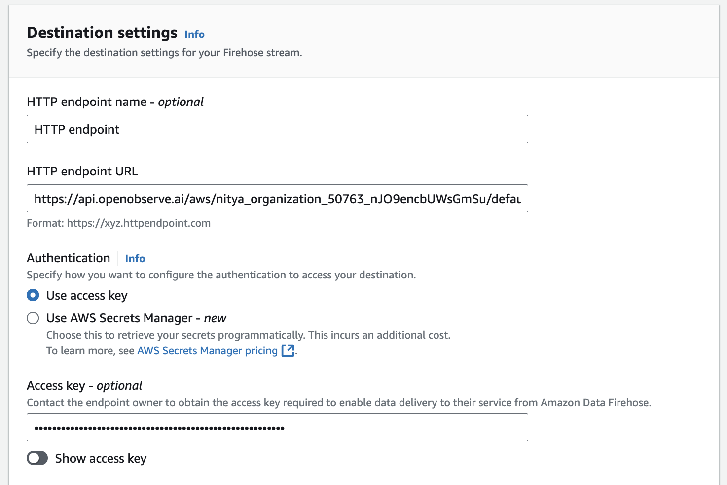 Screenshot of Amazon Kinesis Data Firehose destination settings, showing HTTP endpoint URL and authentication options.