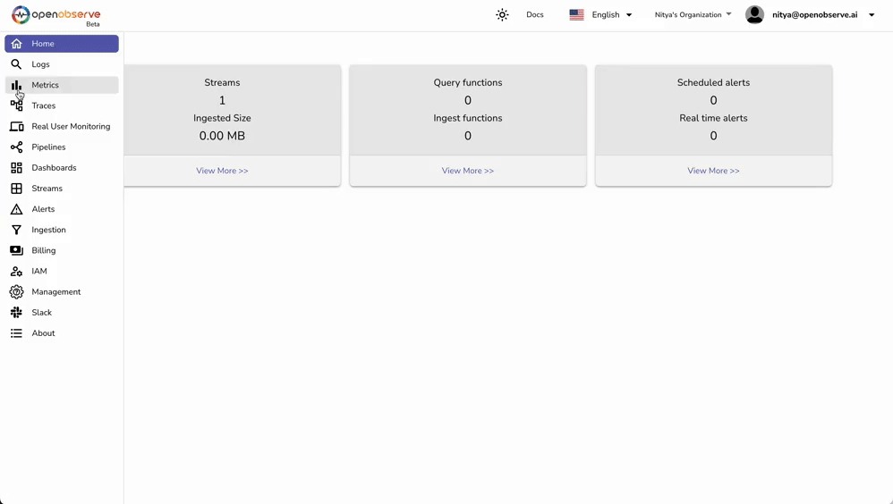 GIF showing the OpenObserve interface with logs being displayed, including navigation through streams and metrics.