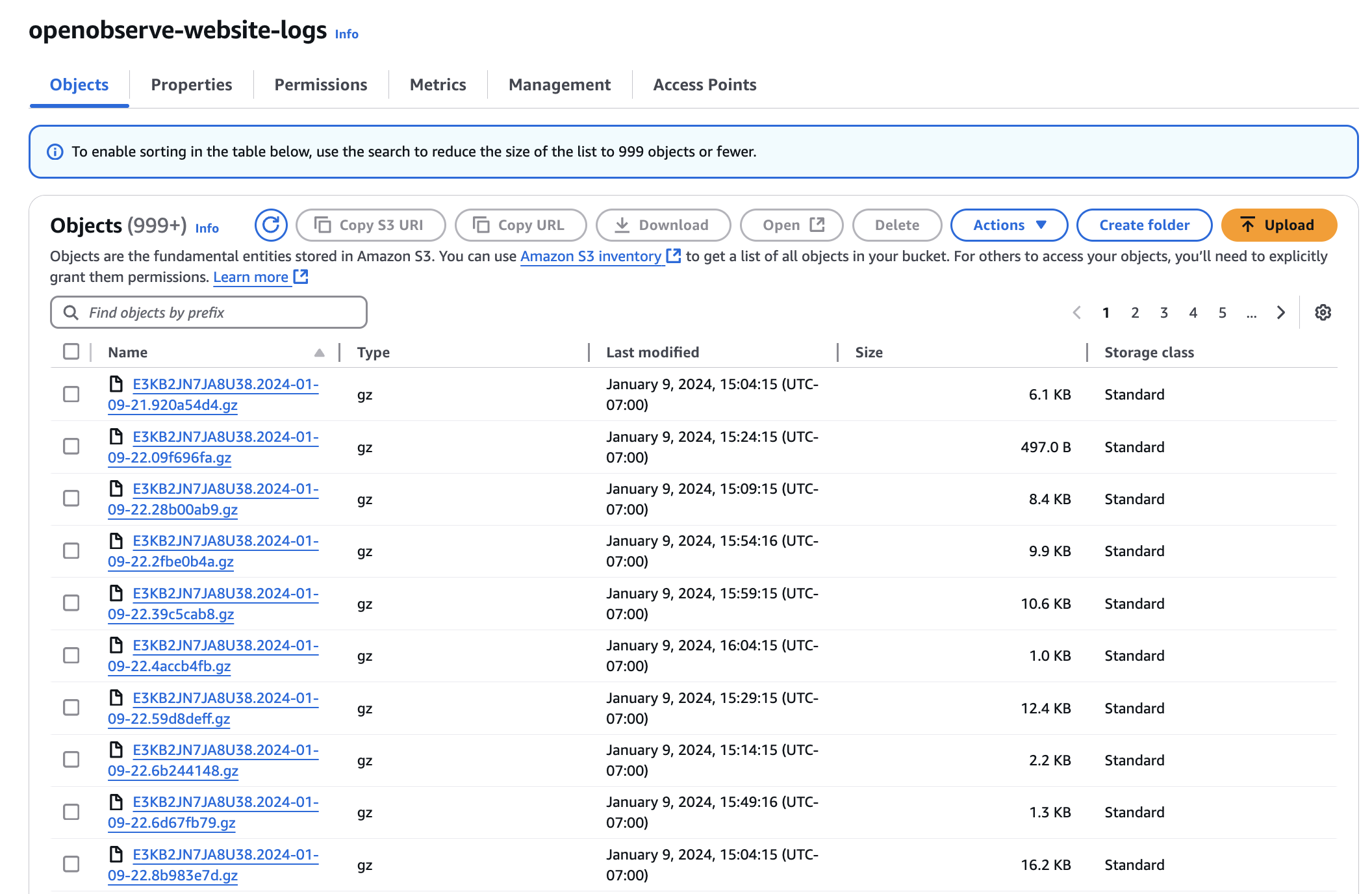 Amazon S3 bucket view displaying stored CloudFront logs, each file listed with size, timestamp, and storage class.